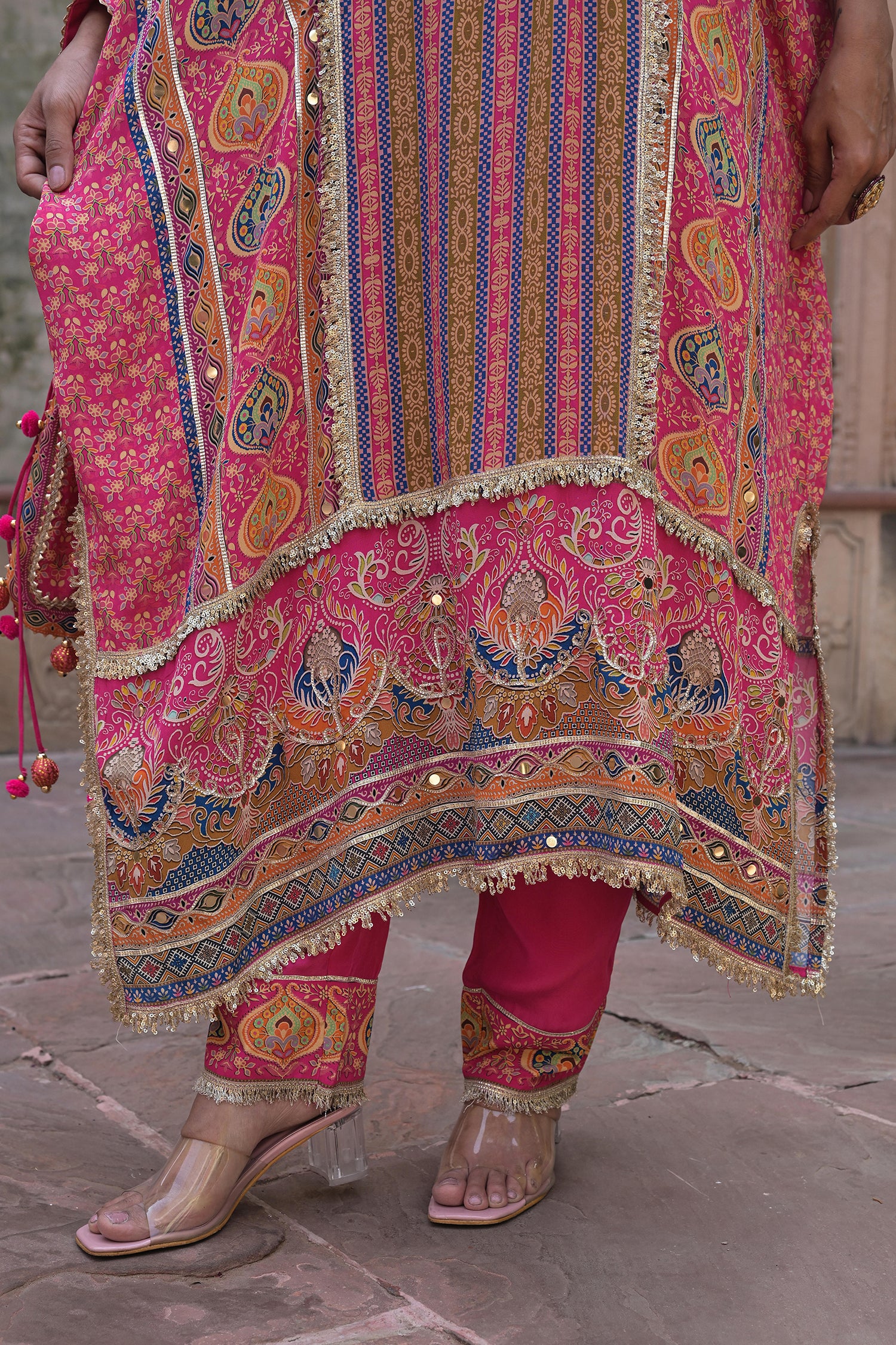 Rani Pink Crepe Kaftan Pant Set Ethnic Party Outfit