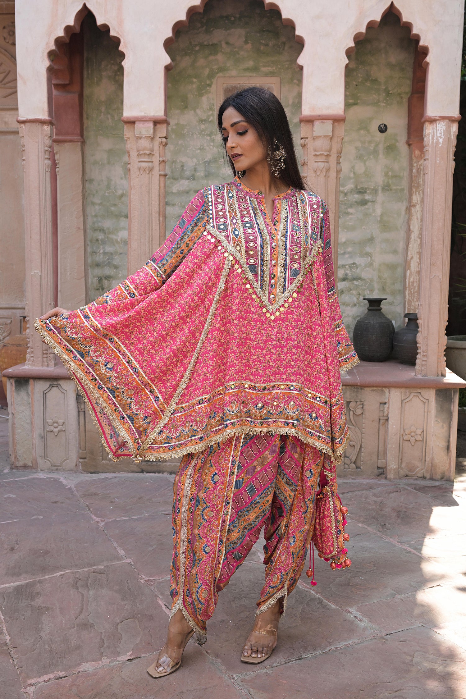 Rani Pink Viscose Crepe Suit Set with Tulip Pants – Festive Glamor