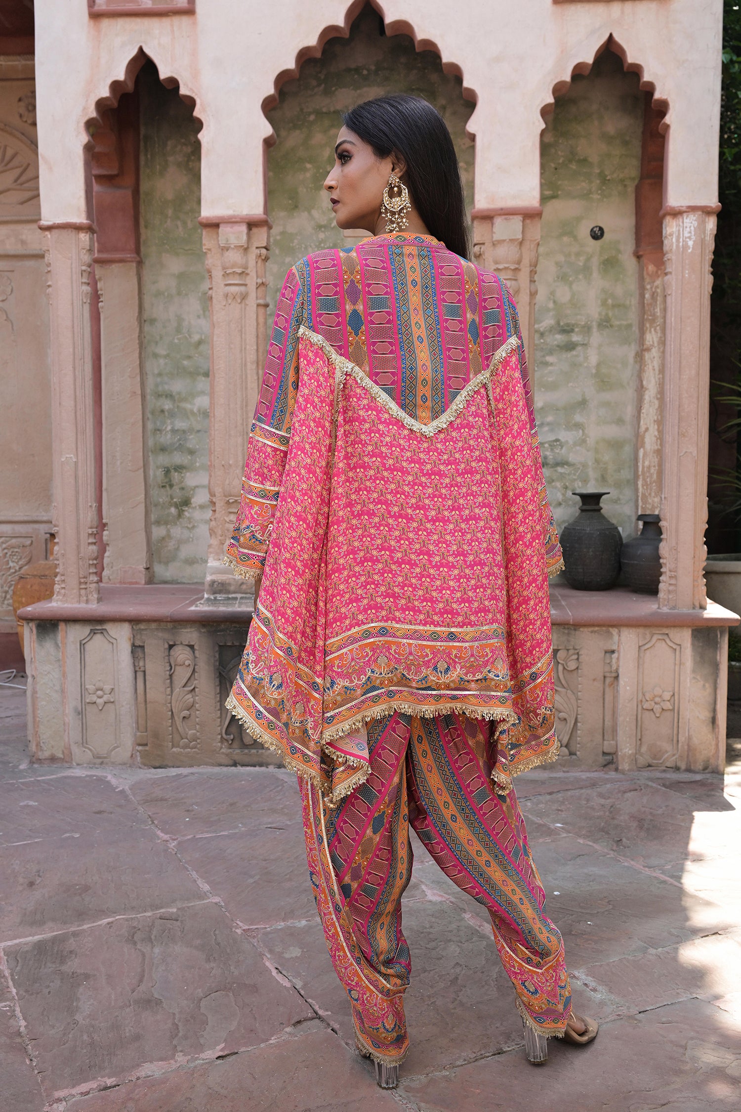 Rani Pink Viscose Crepe Suit Set with Tulip Pants – Festive Glamor