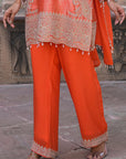 Orange Brocade Kurti Pant Set Designer Indian Ethnic Wear