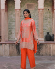 Orange Brocade Kurti Pant Set Designer Indian Ethnic Wear