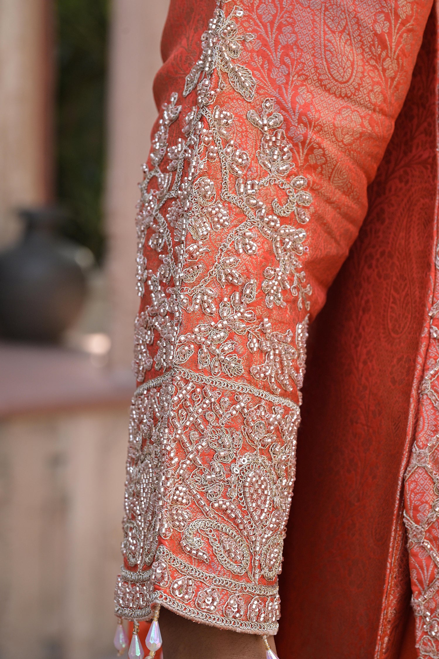 Orange Brocade Kurti Pant Set Designer Indian Ethnic Wear