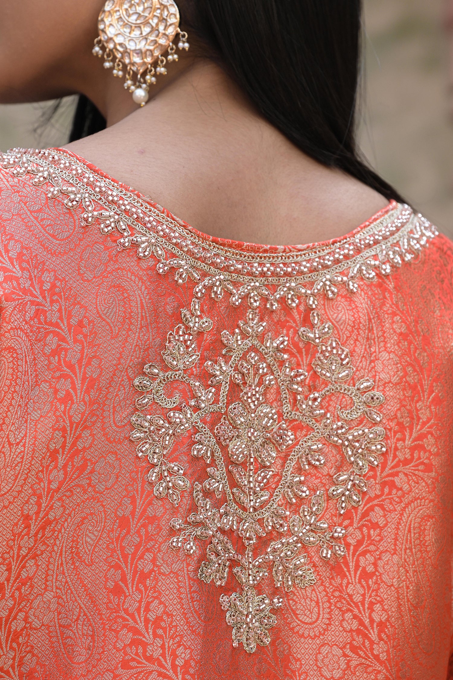 Orange Brocade Kurti Pant Set Designer Indian Ethnic Wear