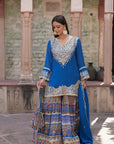 Royal Blue Chinon Kurti Crepe Sharara Ensemble