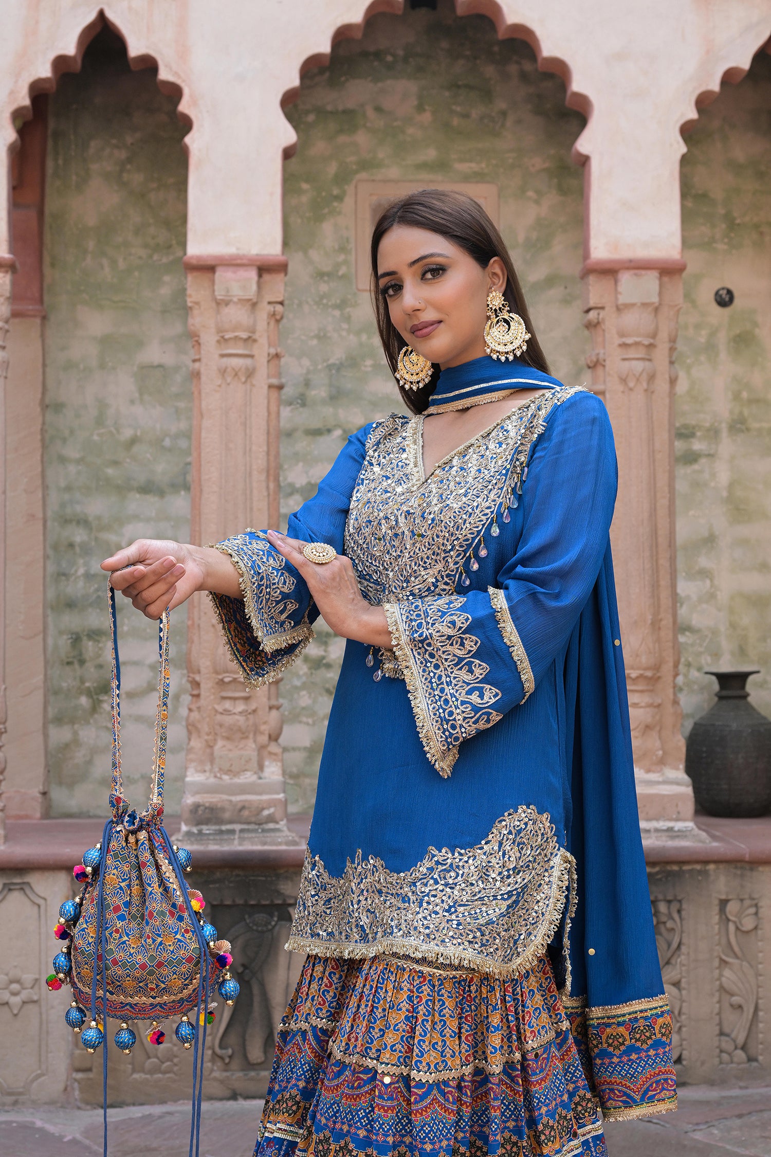 Royal Blue Chinon Kurti Crepe Sharara Ensemble