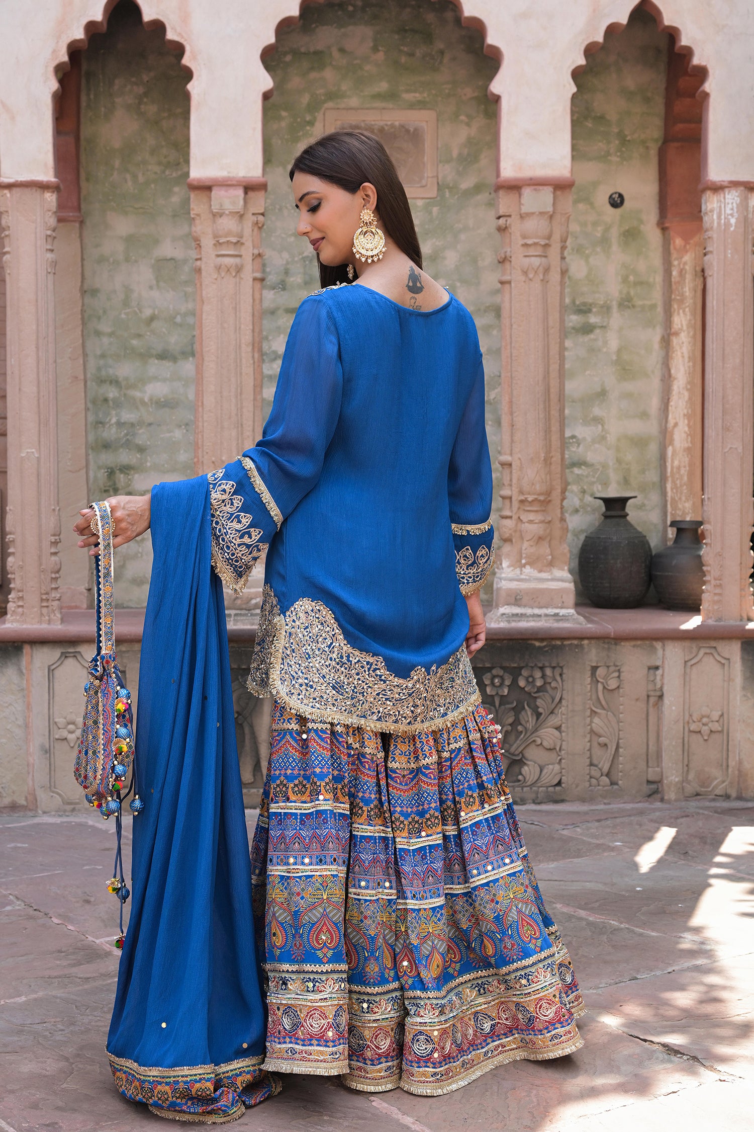 Royal Blue Chinon Kurti Crepe Sharara Ensemble