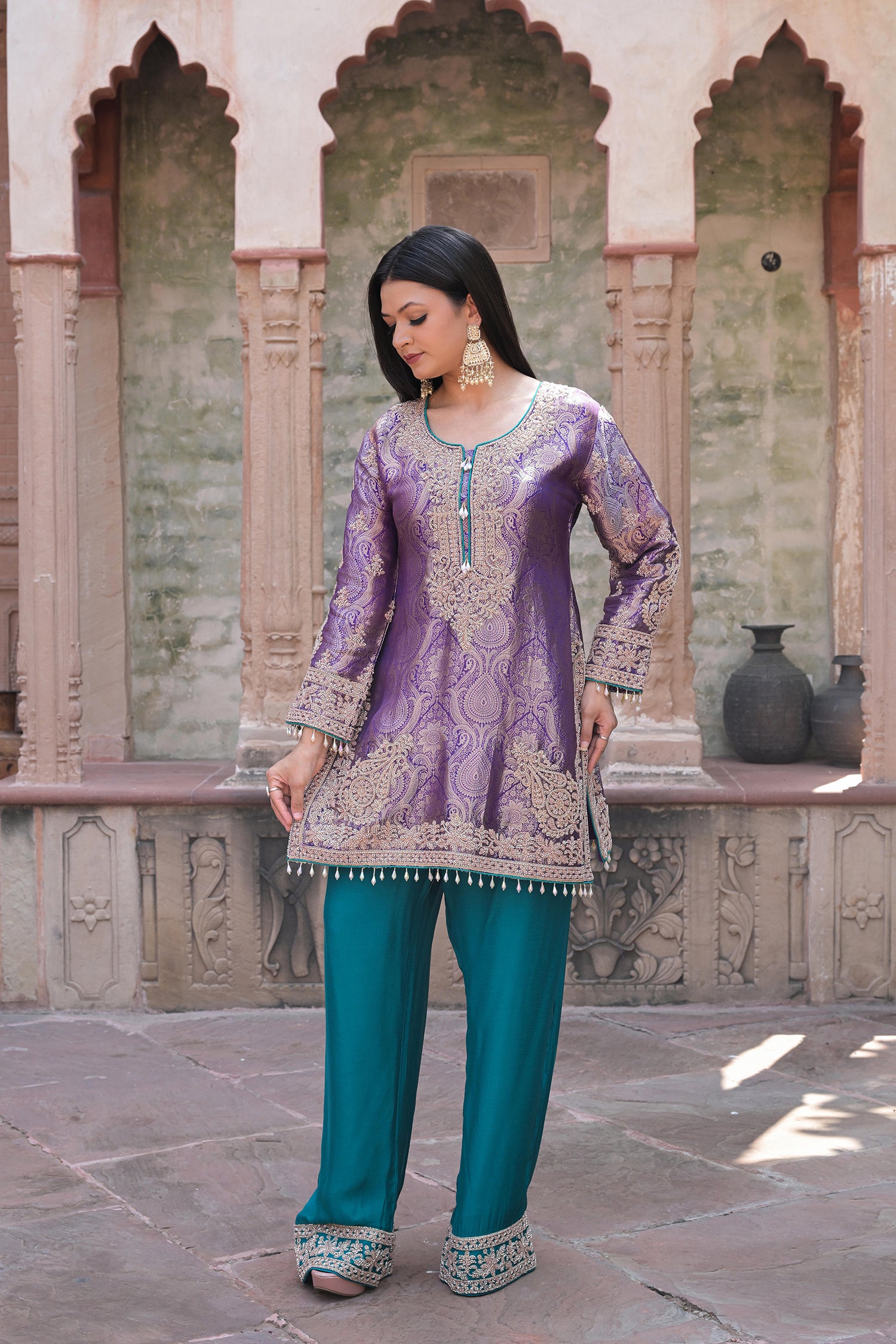 Rama Green Brocade 3D Effect Kurti Teal Pant Ensemble
