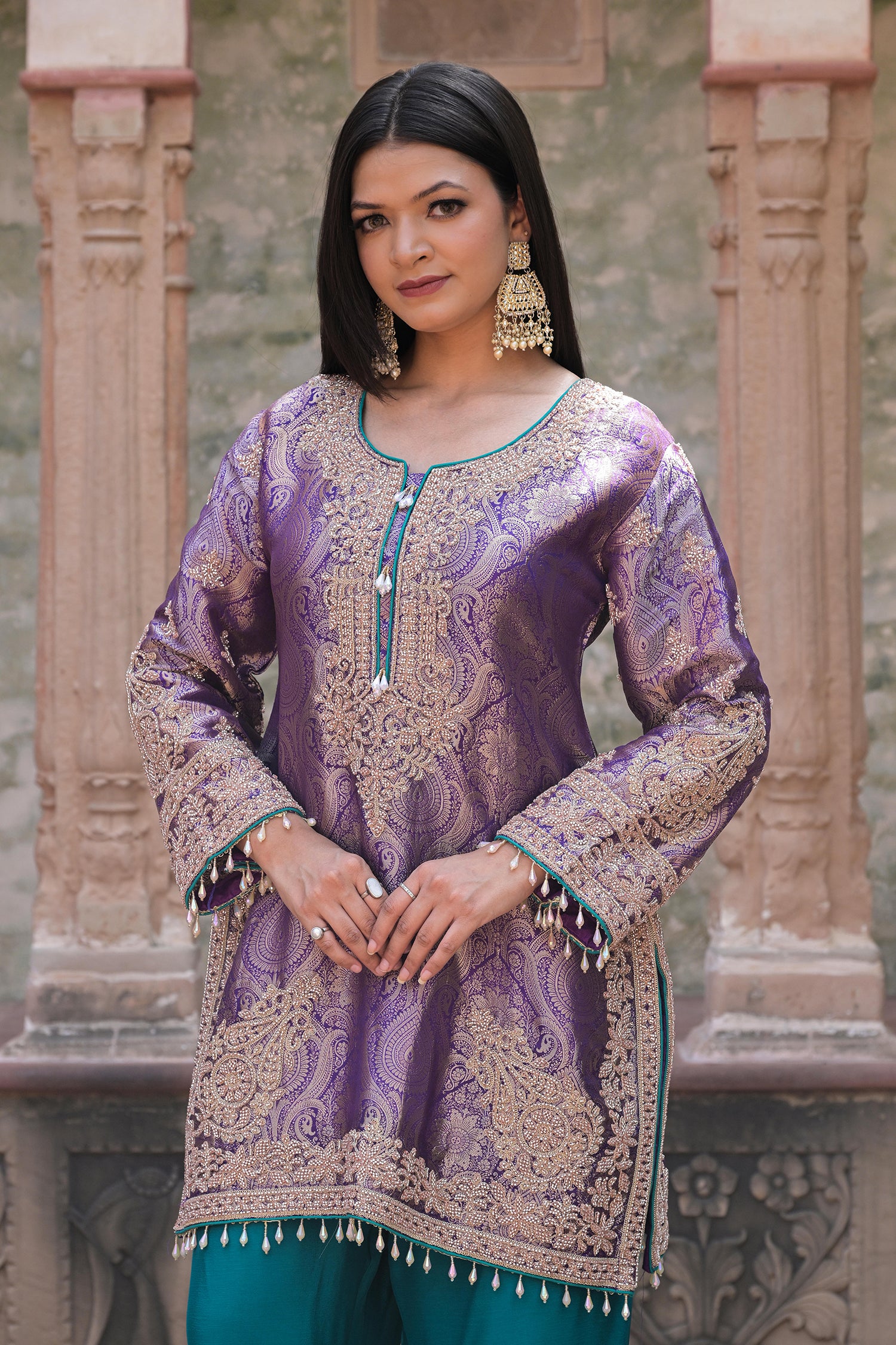 Rama Green Brocade 3D Effect Kurti Teal Pant Ensemble