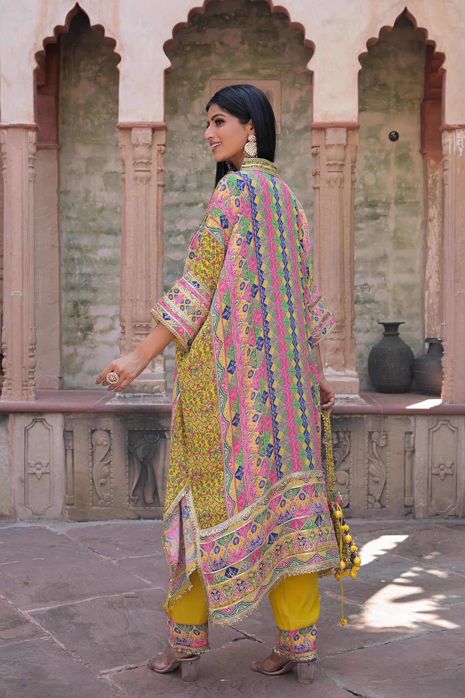 Yellow Crepe Kaftan Pant Set Designer Traditional Festive Look