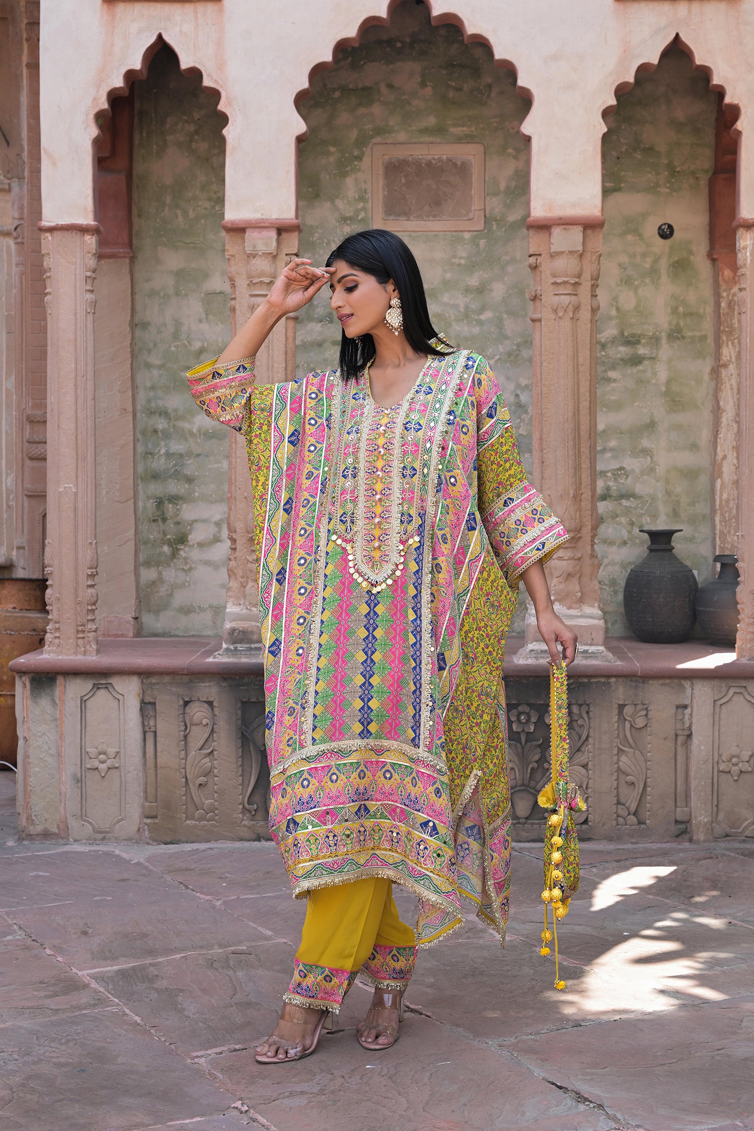Yellow Crepe Kaftan Pant Set Designer Traditional Festive Look