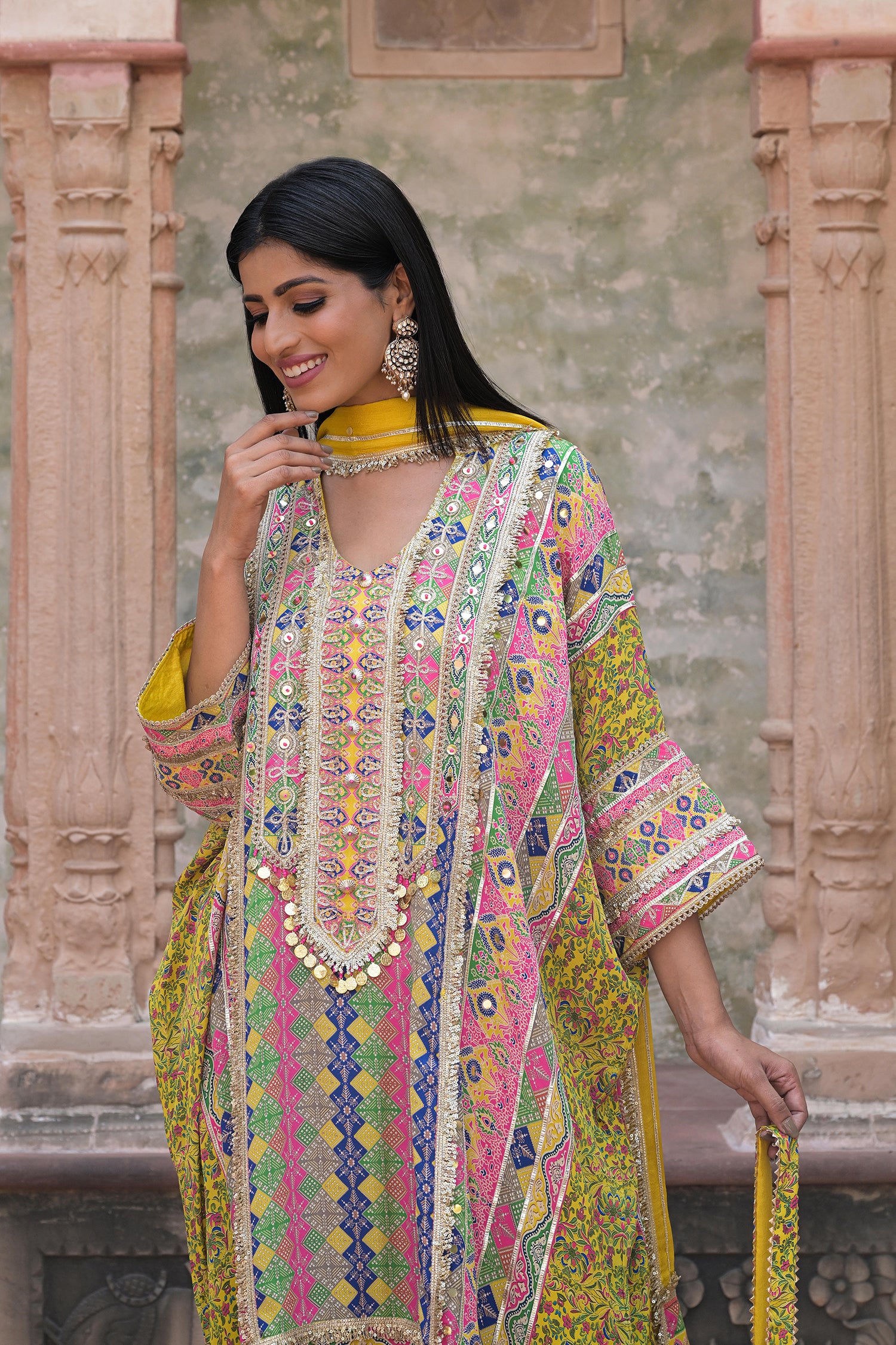 Yellow Crepe Kaftan Pant Set Designer Traditional Festive Look