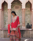 Stunning Red Chinon Kurti Crepe Sharara Suit