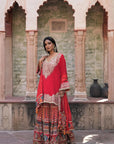 Stunning Red Chinon Kurti Crepe Sharara Suit