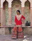 Stunning Red Chinon Kurti Crepe Sharara Suit