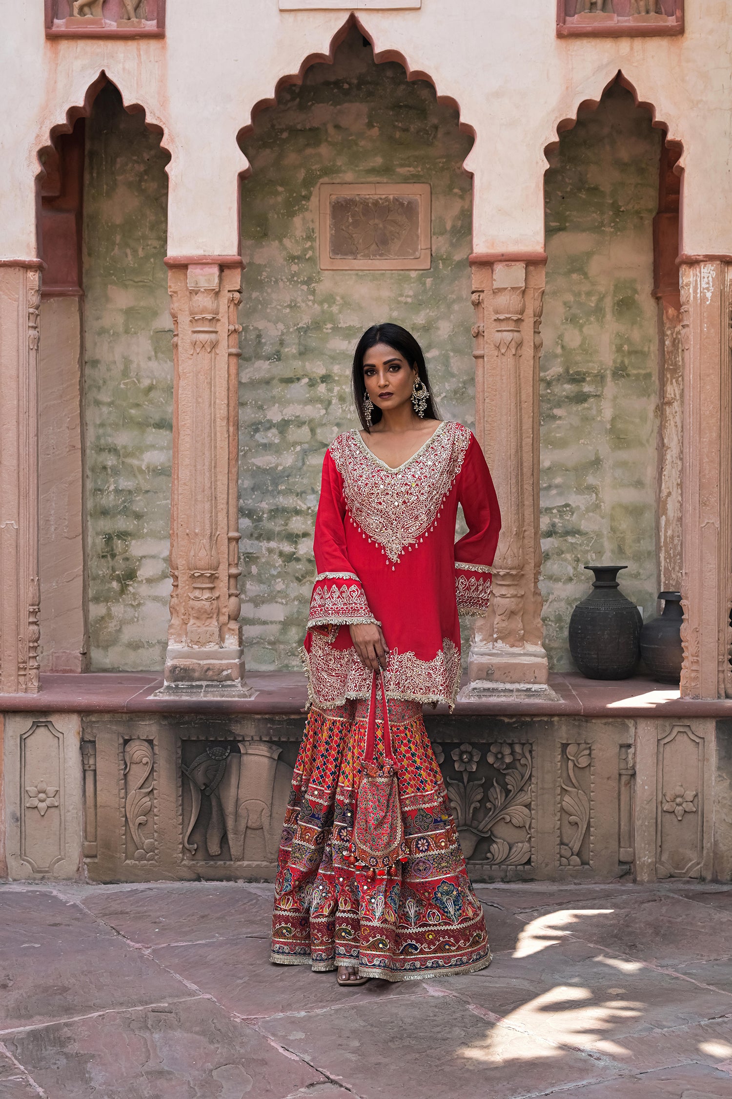 Stunning Red Chinon Kurti Crepe Sharara Suit