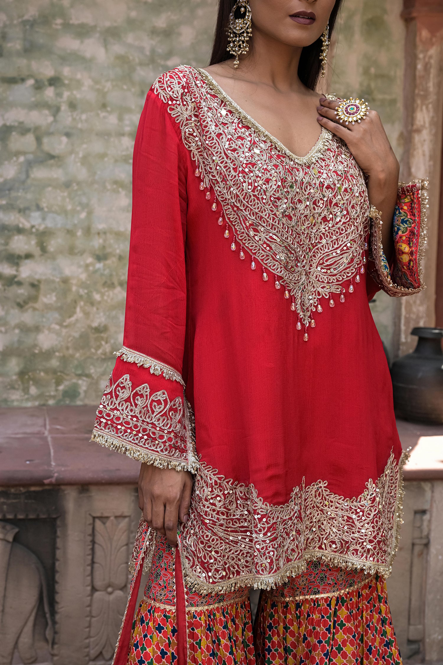 Stunning Red Chinon Kurti Crepe Sharara Suit