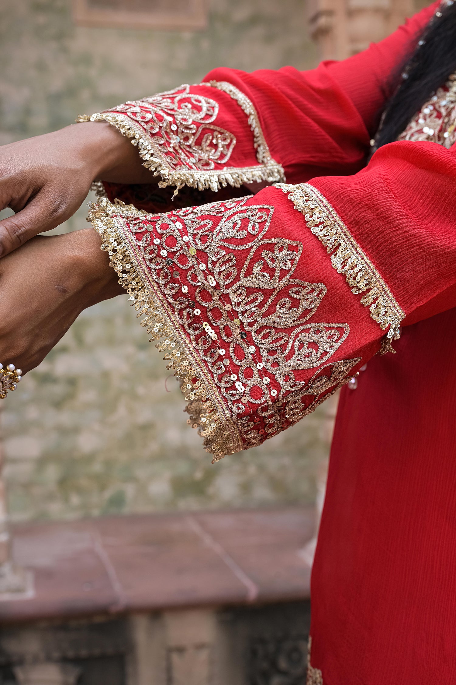 Stunning Red Chinon Kurti Crepe Sharara Suit