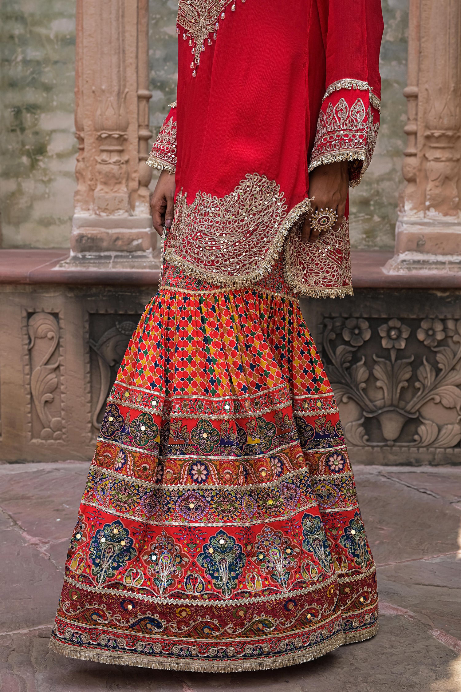 Stunning Red Chinon Kurti Crepe Sharara Suit