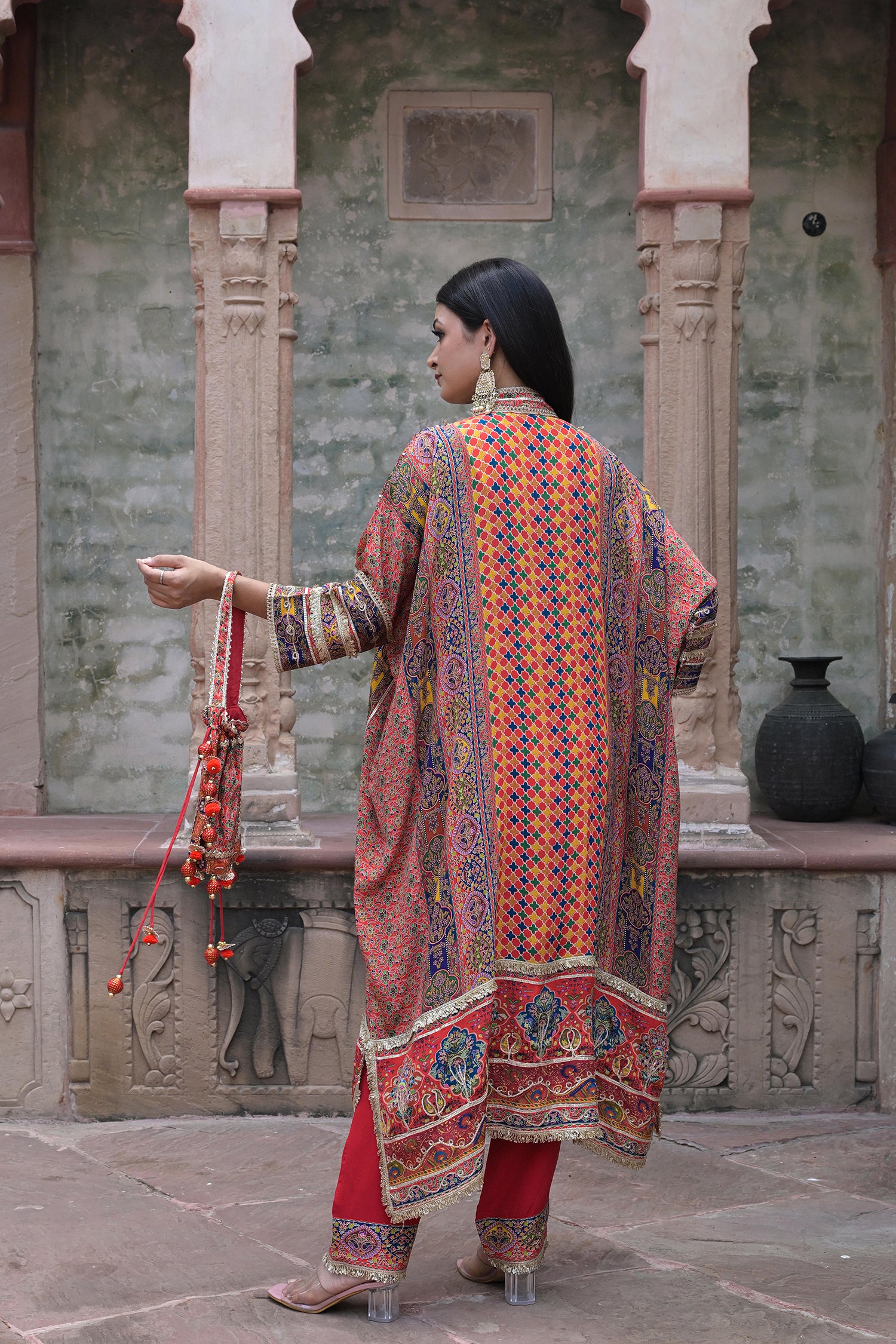 Red Crepe Kaftan Pant Set Embroidered Indian Festive Wear