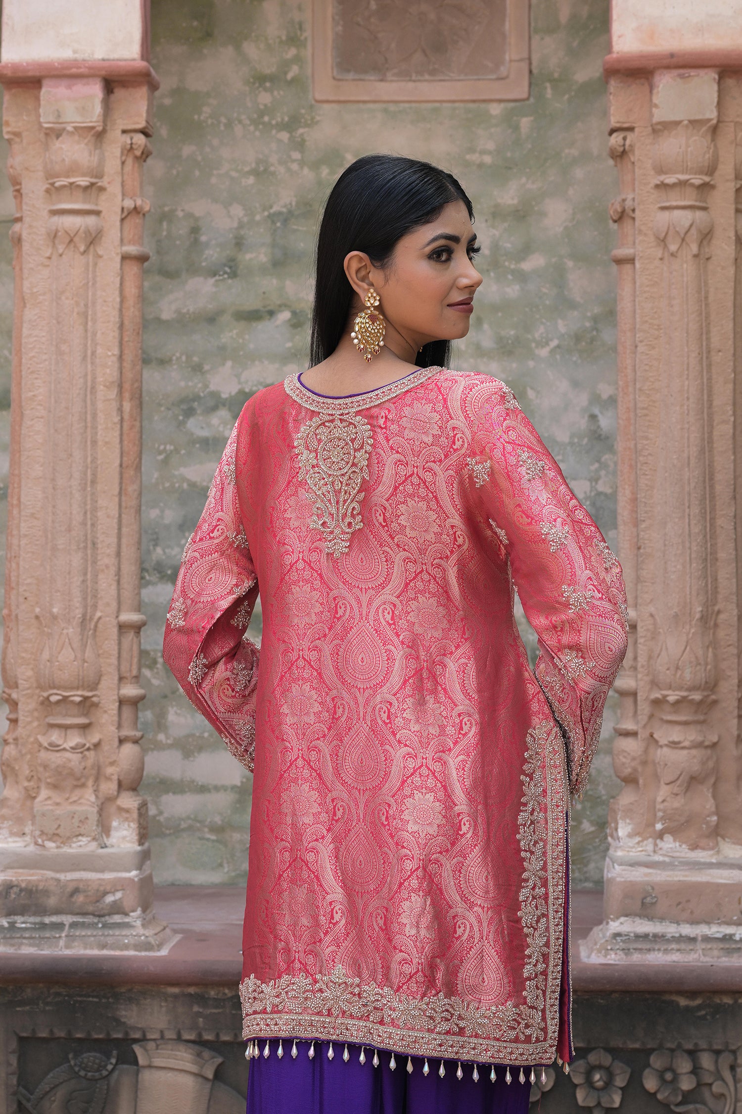 Orange Brocade 3D Kurti Pant Set Indian Designer Wear