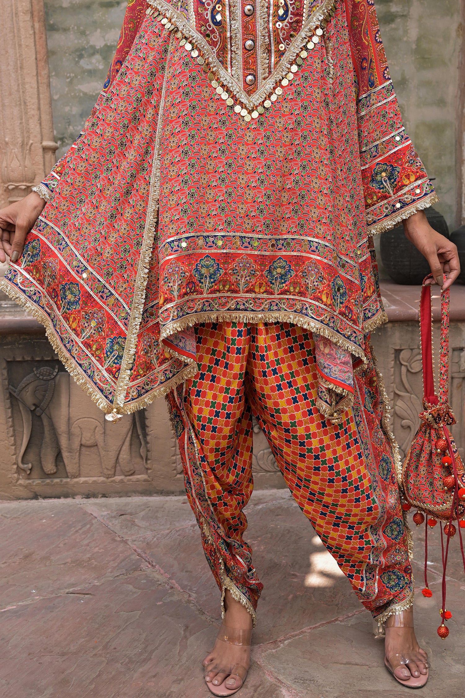 Red Viscose Crepe Suit Set with Tulip Pants – Elegant Ethnic Style