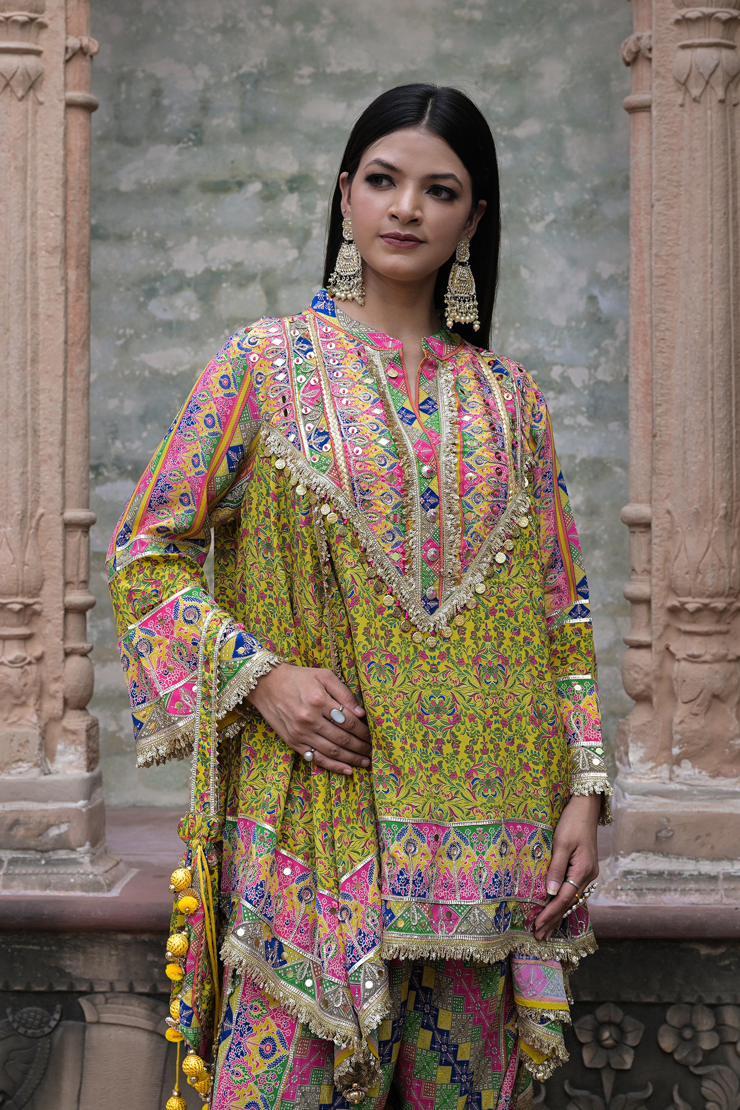 Green Viscose Crepe Suit Set with Tulip Pants – Festive Flair