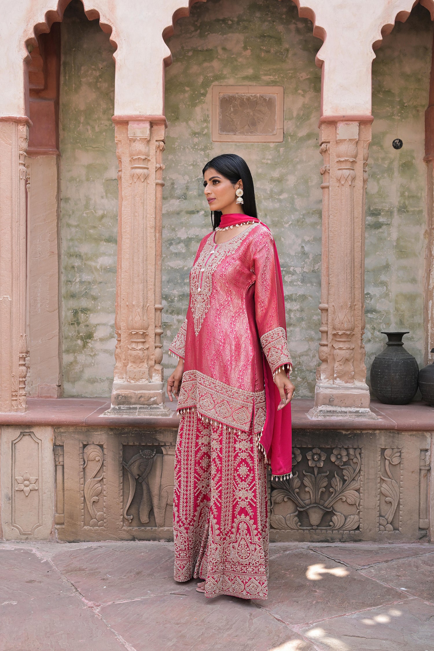 Rani Pink Brocade Kurti Sharara Set Indian Ethnic Wear