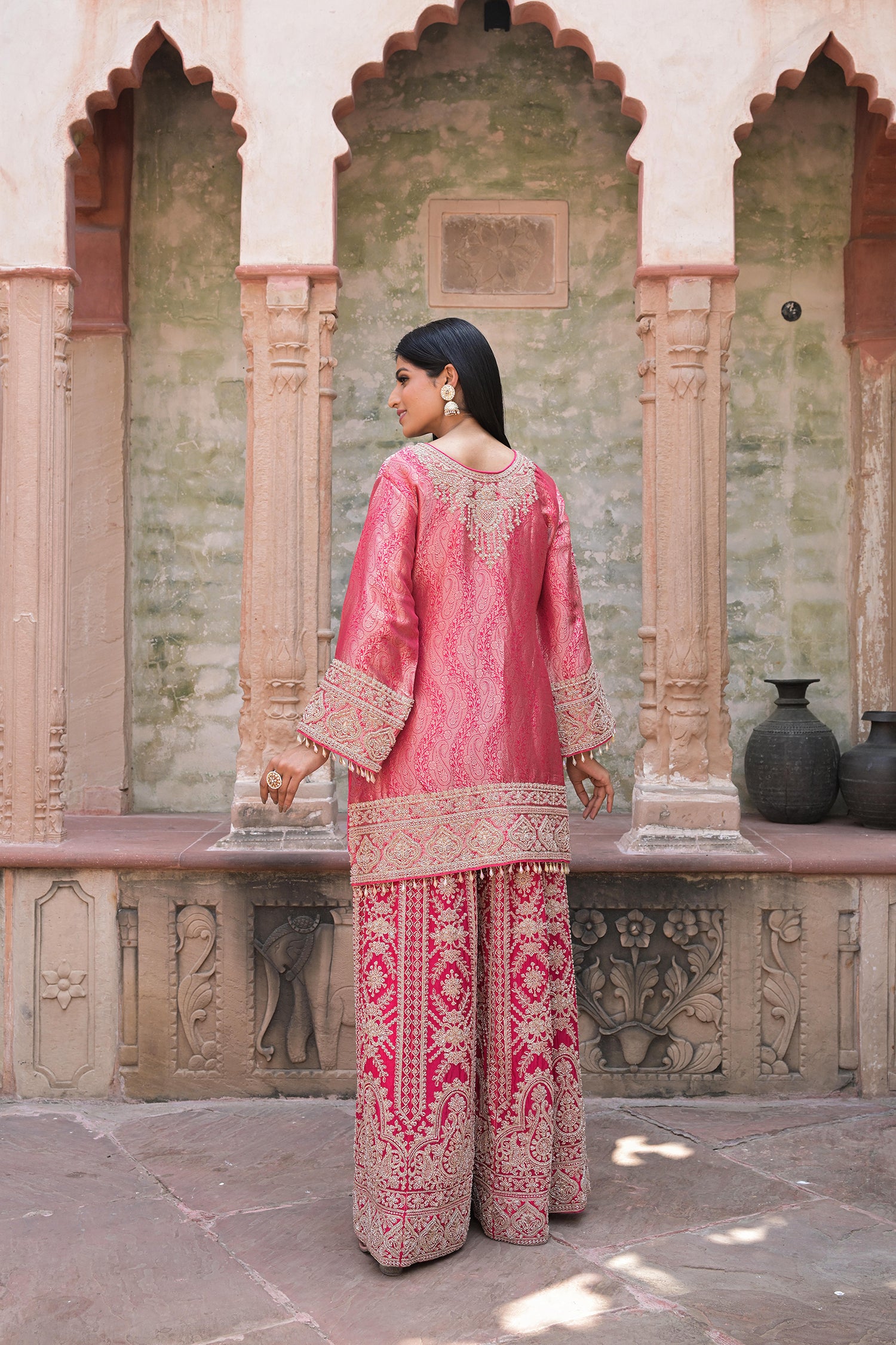 Rani Pink Brocade Kurti Sharara Set Indian Ethnic Wear