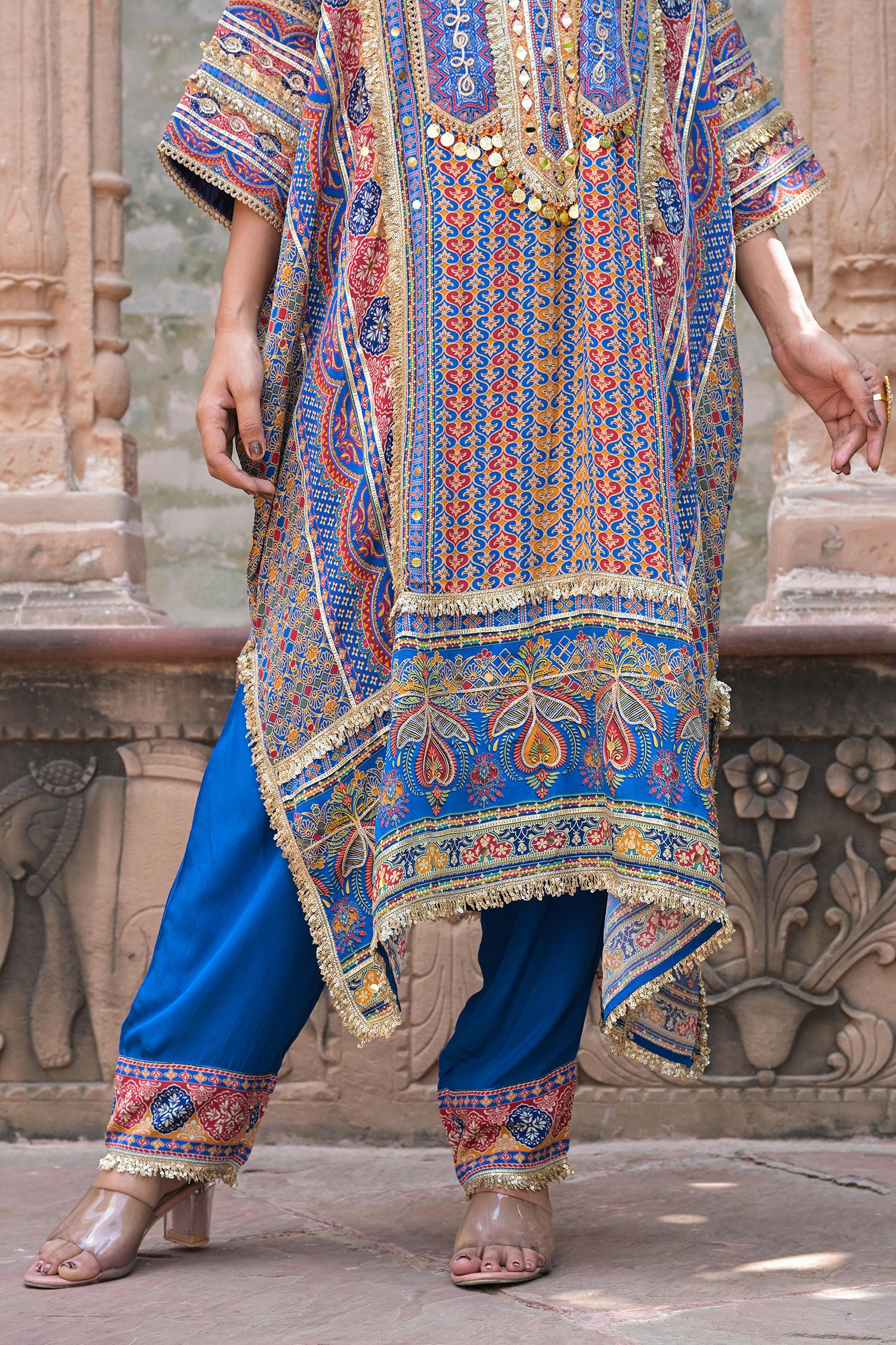 Blue Crepe Kaftan Pant Set Festive Indian Designer Wear