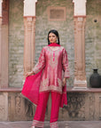 Rani Pink Brocade Kurti Pant Set Elegant Indian Wear