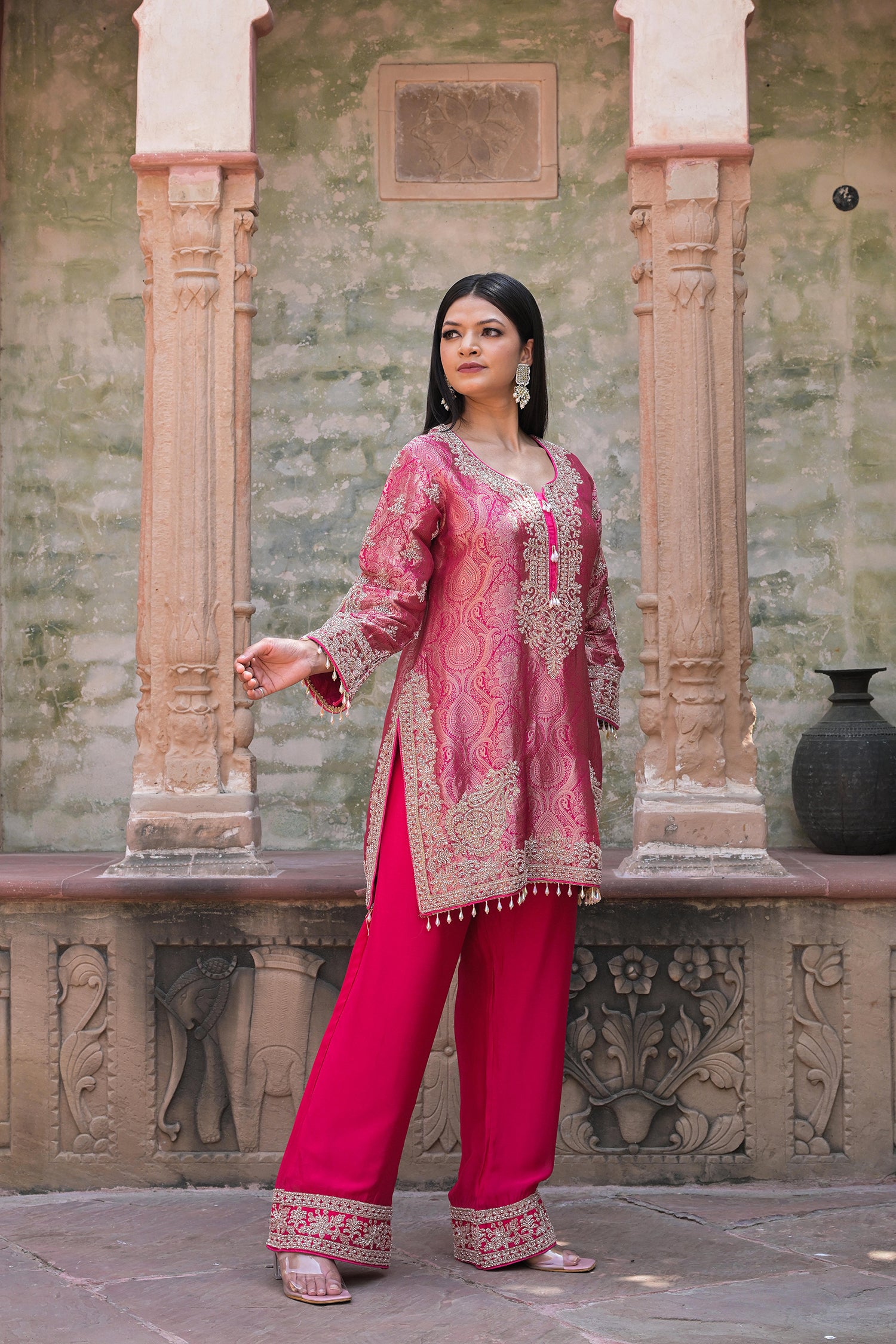 Rani Pink Brocade Kurti Pant Set Elegant Indian Wear