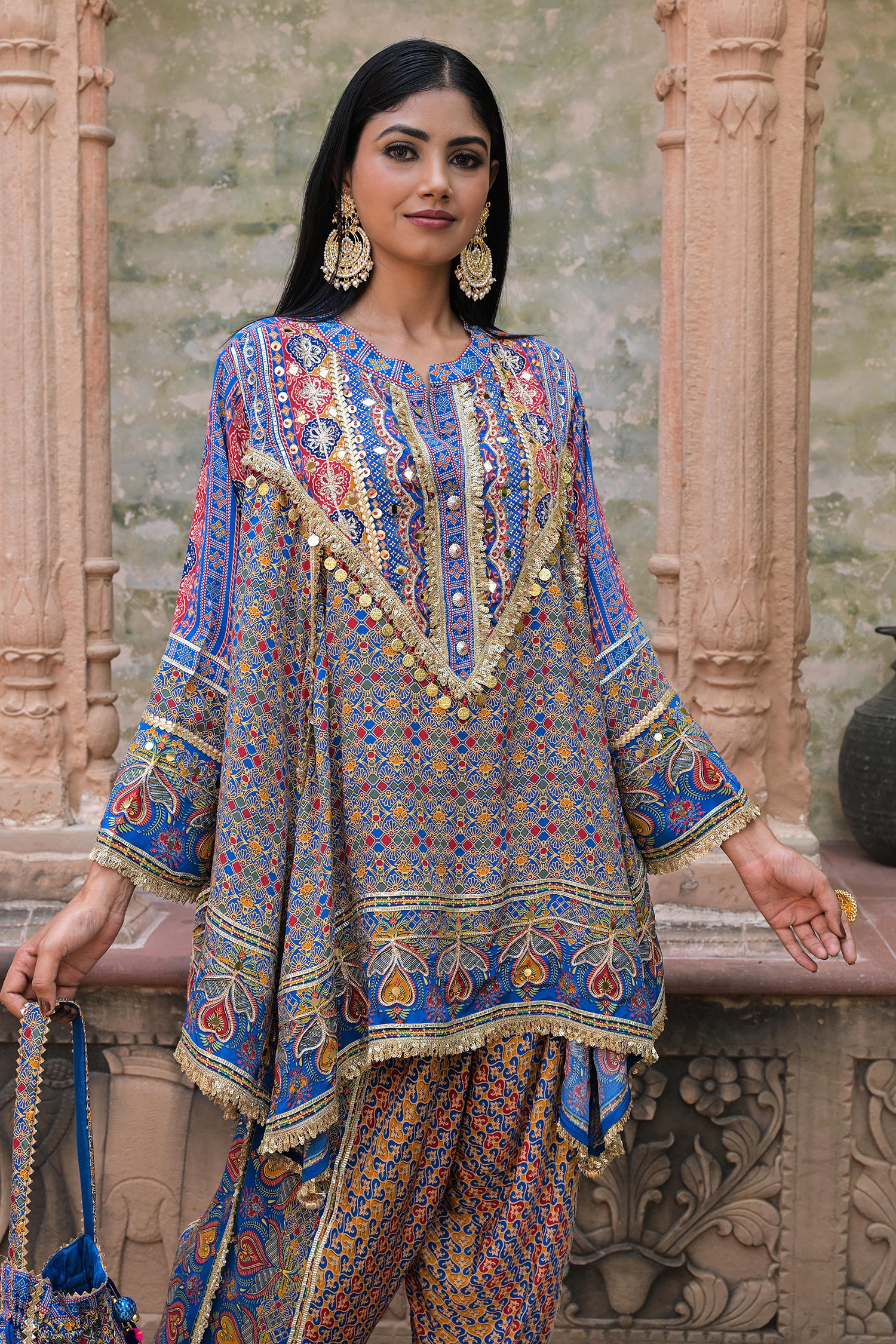 Blue Viscose Crepe Suit Set with Tulip Pants – Festive Chic