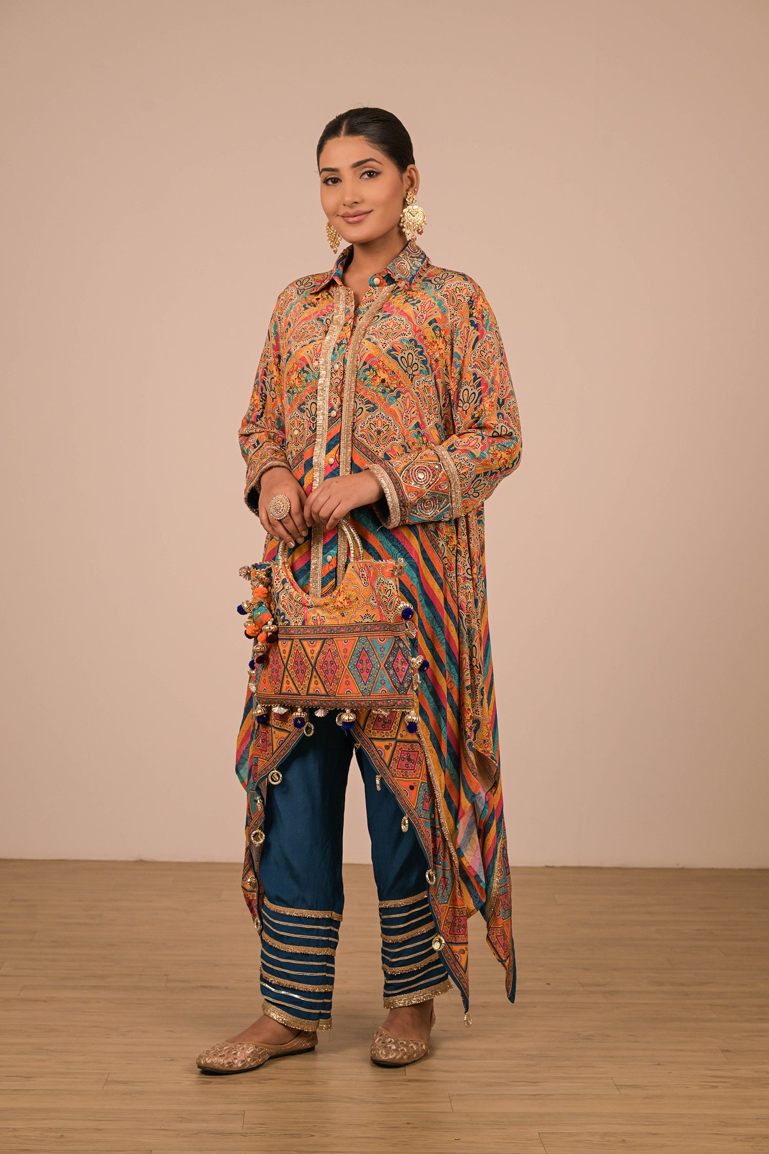 Sapphire Blue Asymmetrical Kurta Set in Crepe fabric With Canvas tote bag