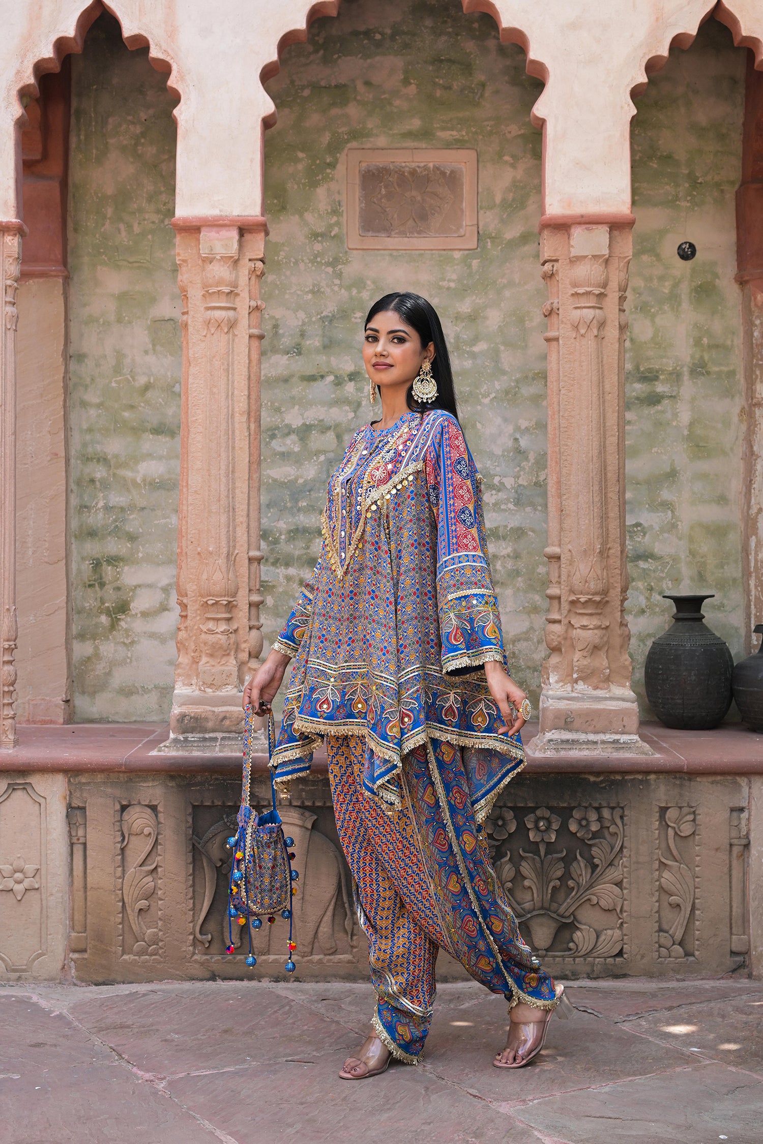 Blue Viscose Crepe Suit Set with Tulip Pants – Festive Chic