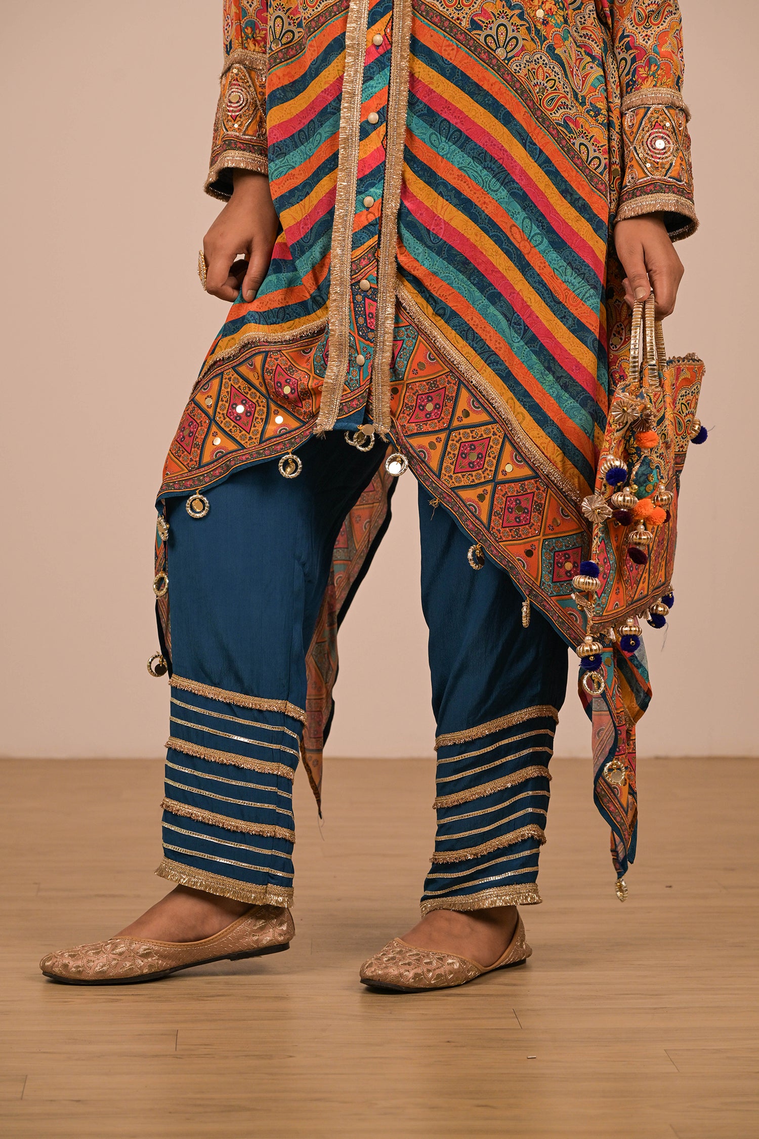 Sapphire Blue Asymmetrical Kurta Set in Crepe fabric With Canvas tote bag