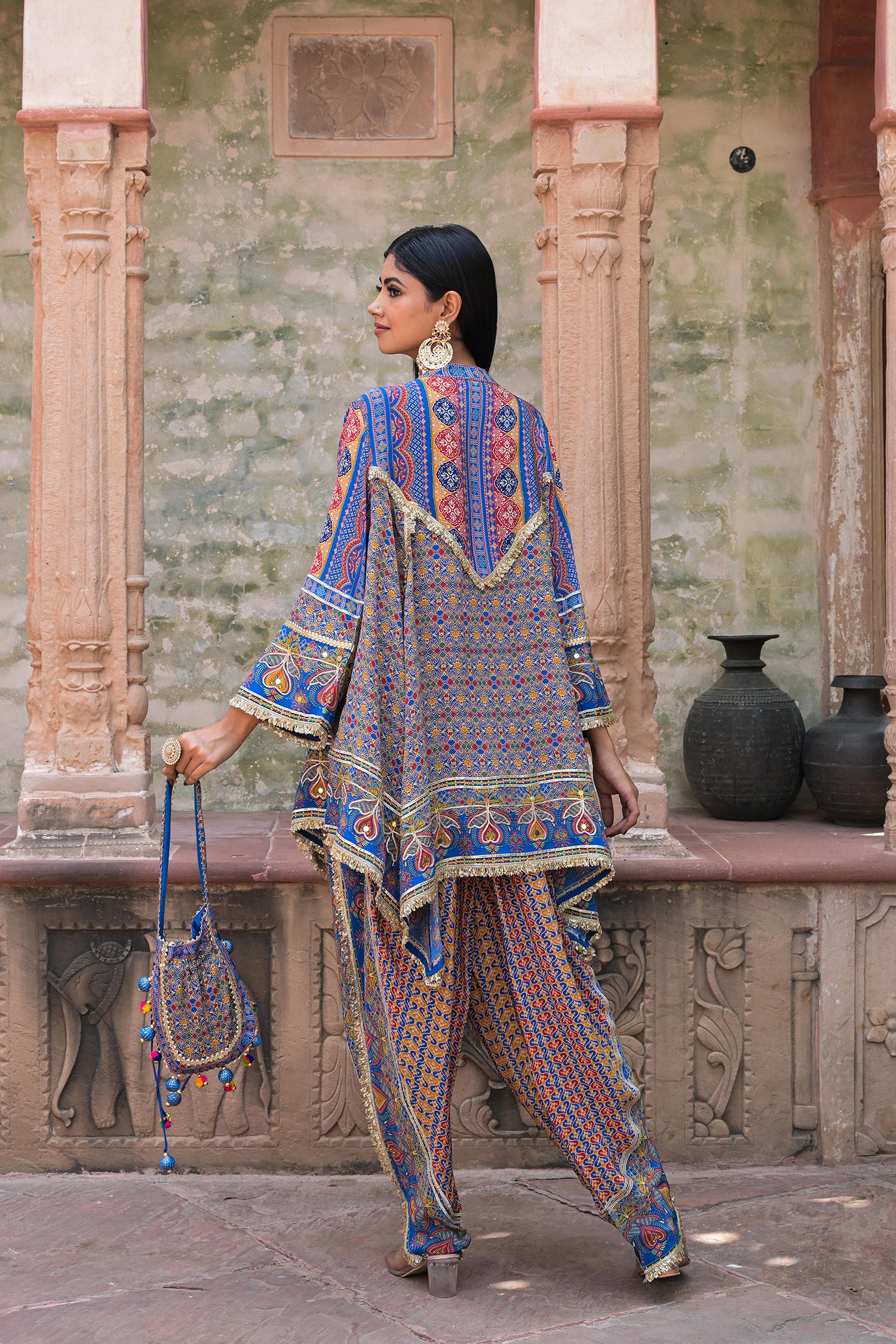 Blue Viscose Crepe Suit Set with Tulip Pants – Festive Chic