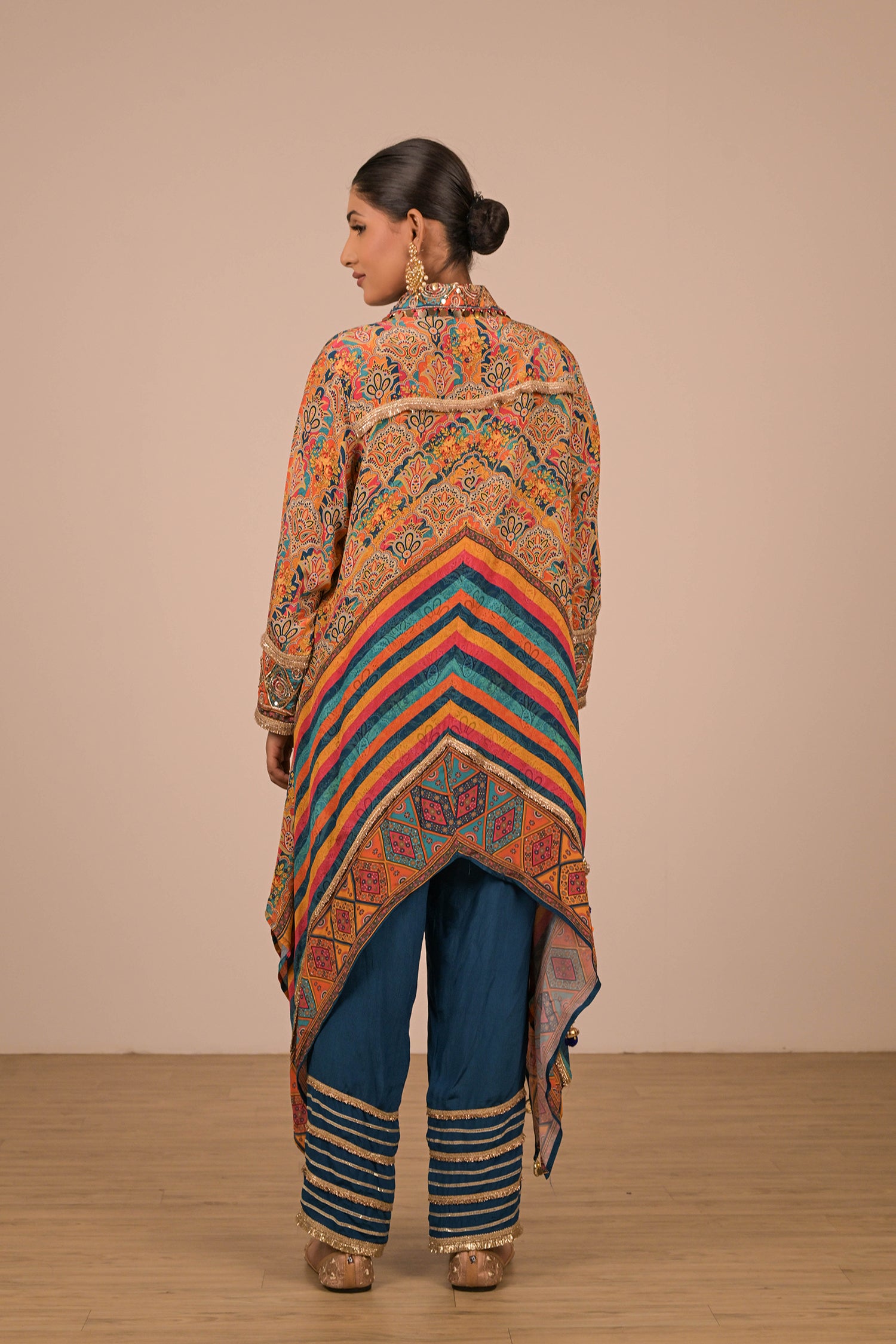 Sapphire Blue Asymmetrical Kurta Set in Crepe fabric With Canvas tote bag