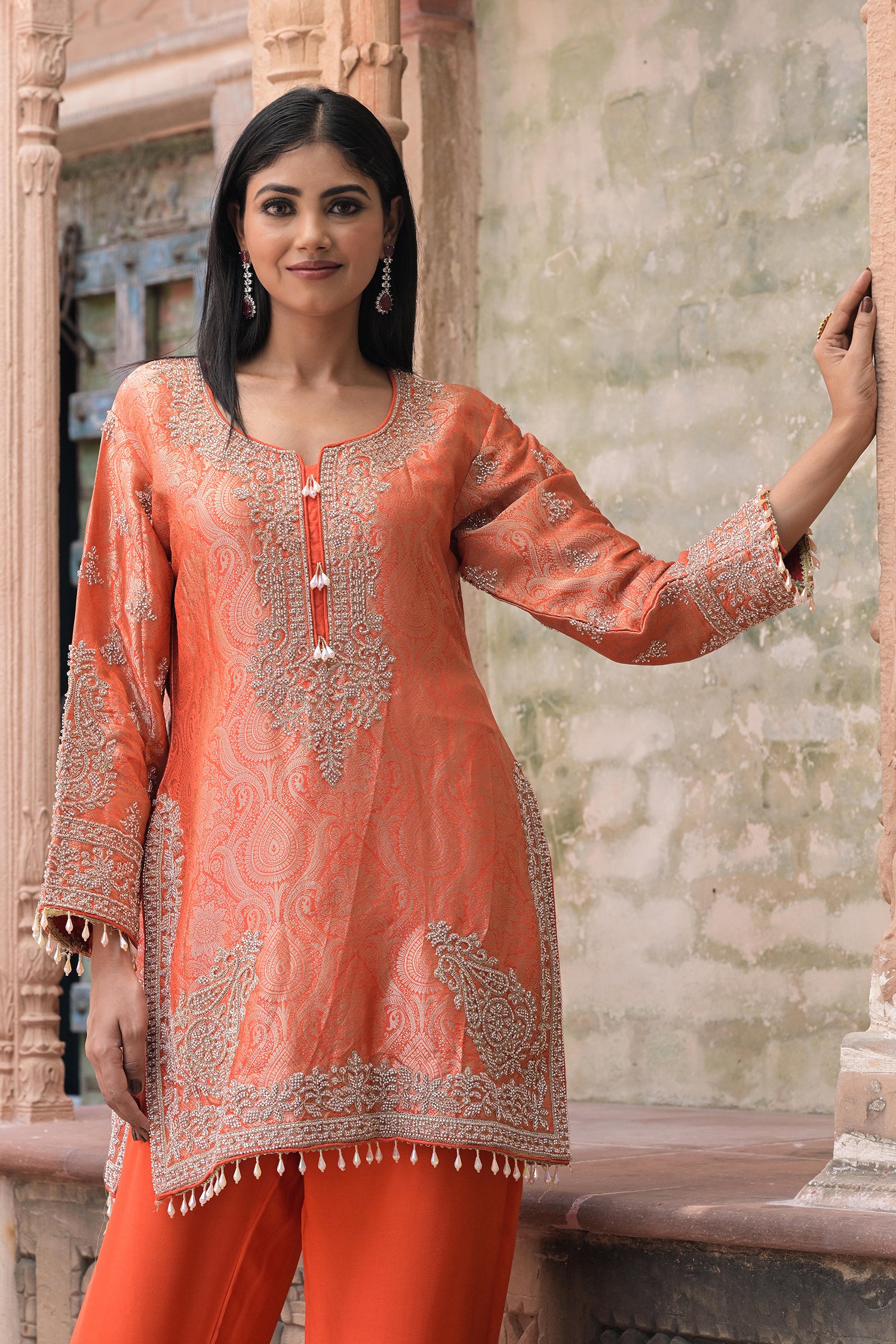 Bright Orange Brocade Kurti Pant Set Stylish Ethnic Look