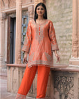 Bright Orange Brocade Kurti Pant Set Stylish Ethnic Look