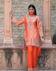 Bright Orange Brocade Kurti Pant Set Stylish Ethnic Look