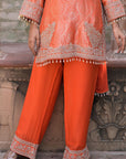 Bright Orange Brocade Kurti Pant Set Stylish Ethnic Look