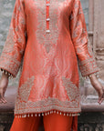 Bright Orange Brocade Kurti Pant Set Stylish Ethnic Look