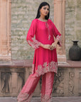 Rani Red Brocade Kurti Pant Set Elegant Party Outfit