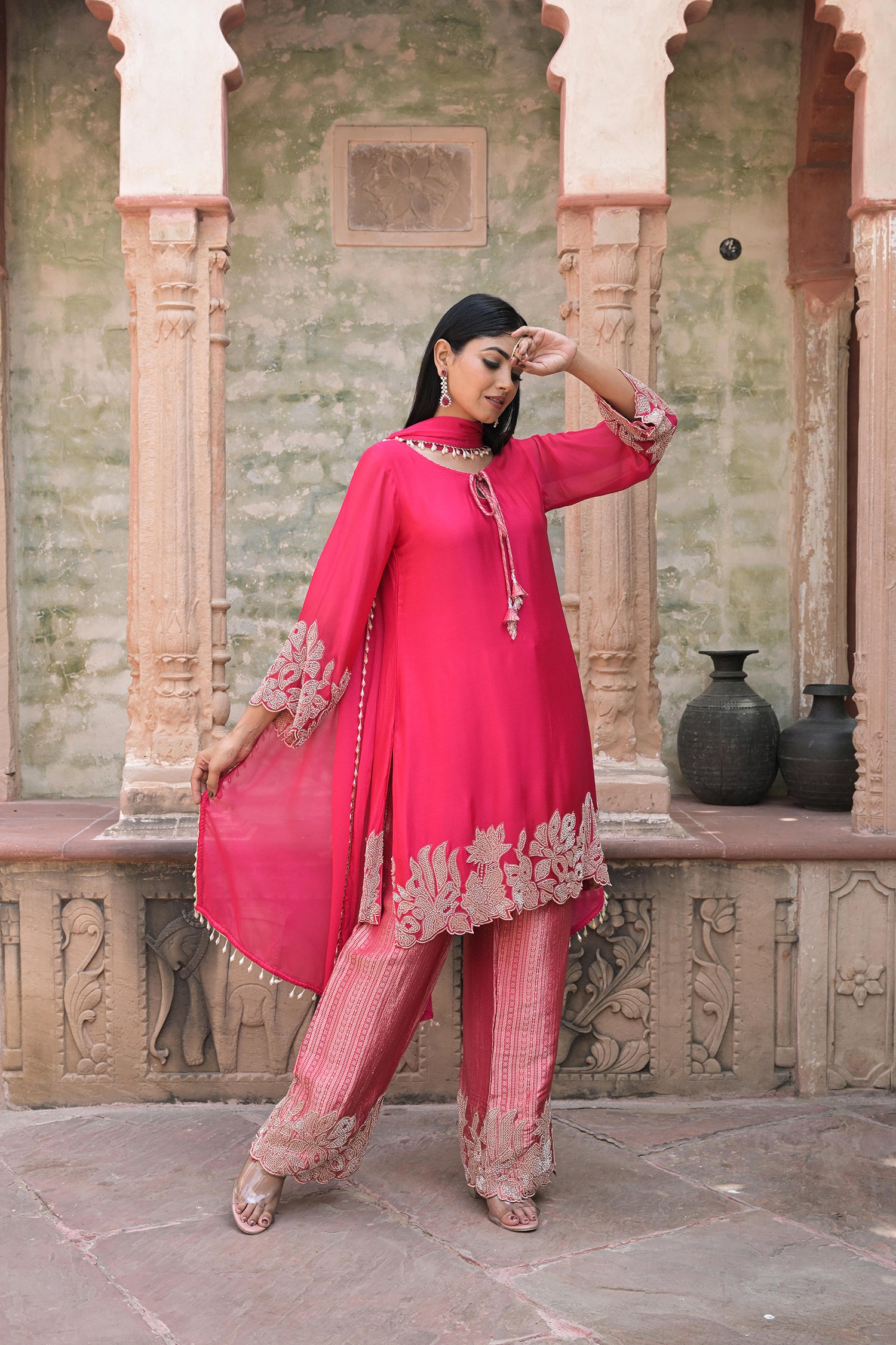 Rani Red Brocade Kurti Pant Set Elegant Party Outfit