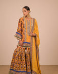 Yellow Crepe Sharara Set with Canvas tote bag with Vibrant Print Motifs
