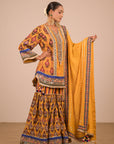 Yellow Crepe Sharara Set with Canvas tote bag with Vibrant Print Motifs