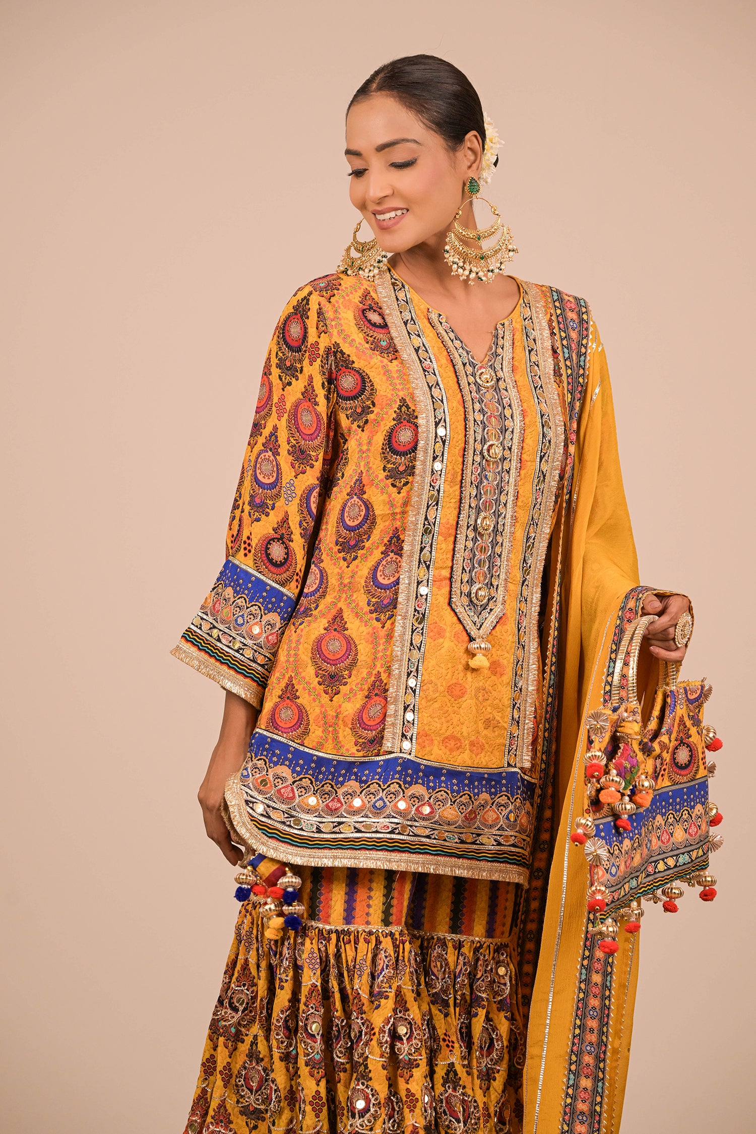 Yellow Crepe Sharara Set with Canvas tote bag with Vibrant Print Motifs