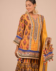 Yellow Crepe Sharara Set with Canvas tote bag with Vibrant Print Motifs