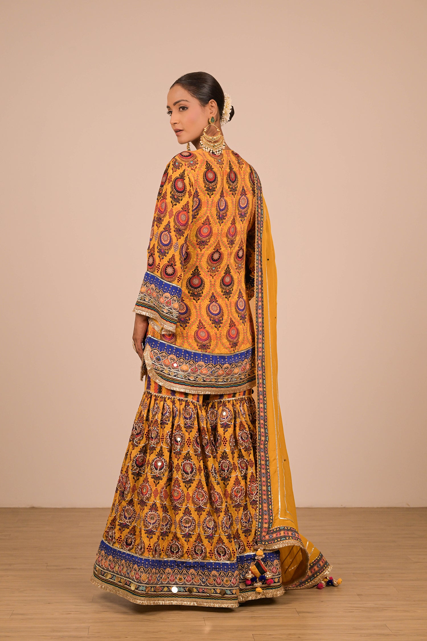Yellow Crepe Sharara Set with Canvas tote bag with Vibrant Print Motifs