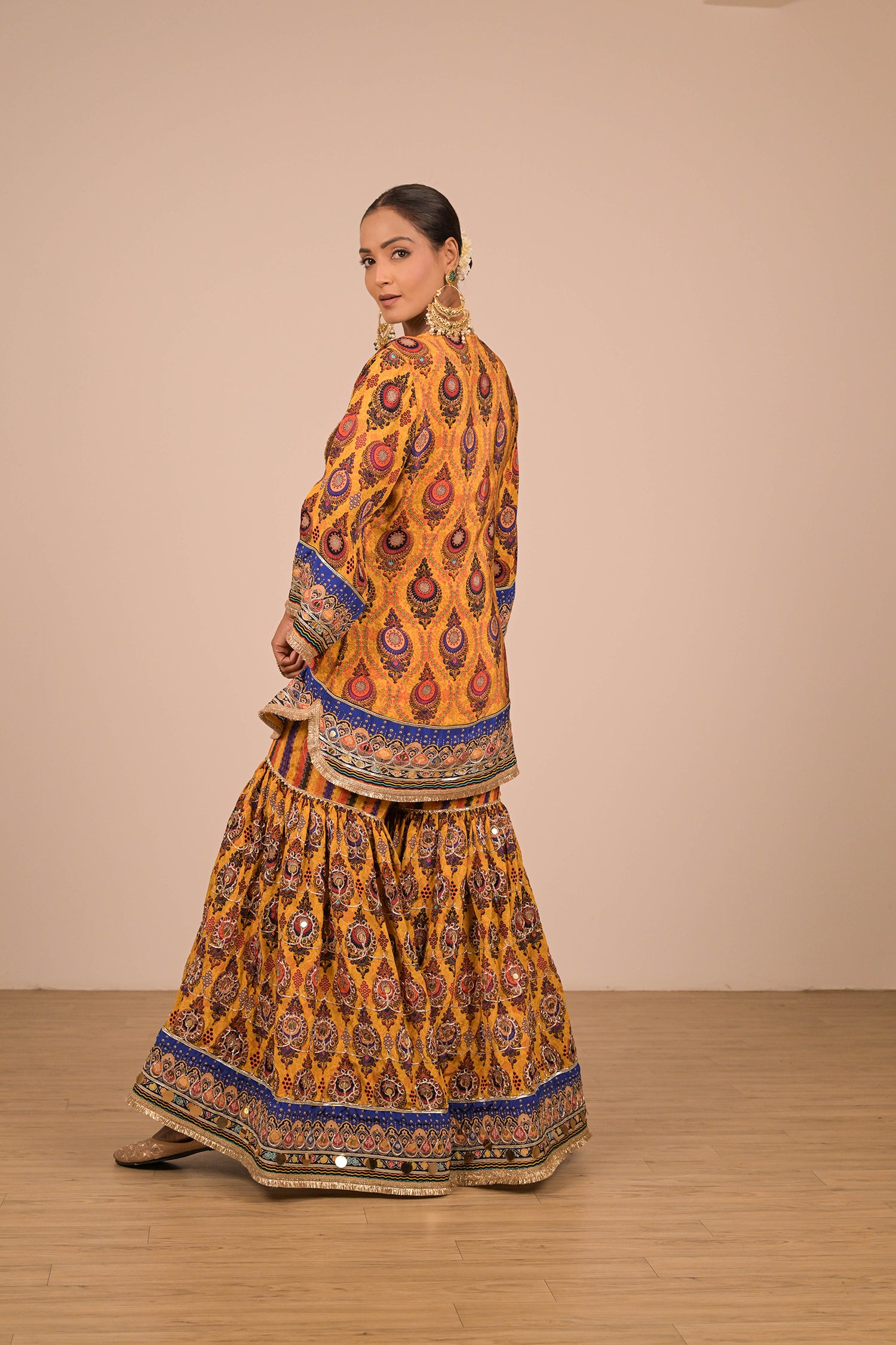 Yellow Crepe Sharara Set with Canvas tote bag with Vibrant Print Motifs